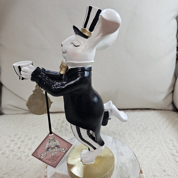 Mad Hatter Balancing Easter Bunny Black White & Gold Figurine With Watch Viral - Picture 3 of 4
